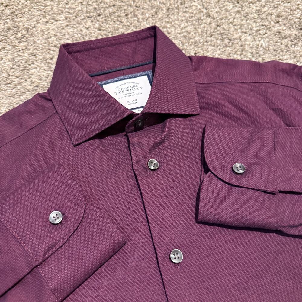 Charles Tyrwhitt Non-Iron Slim Fit Dress Shirt Mens 14.5/32 Burgundy Dobby